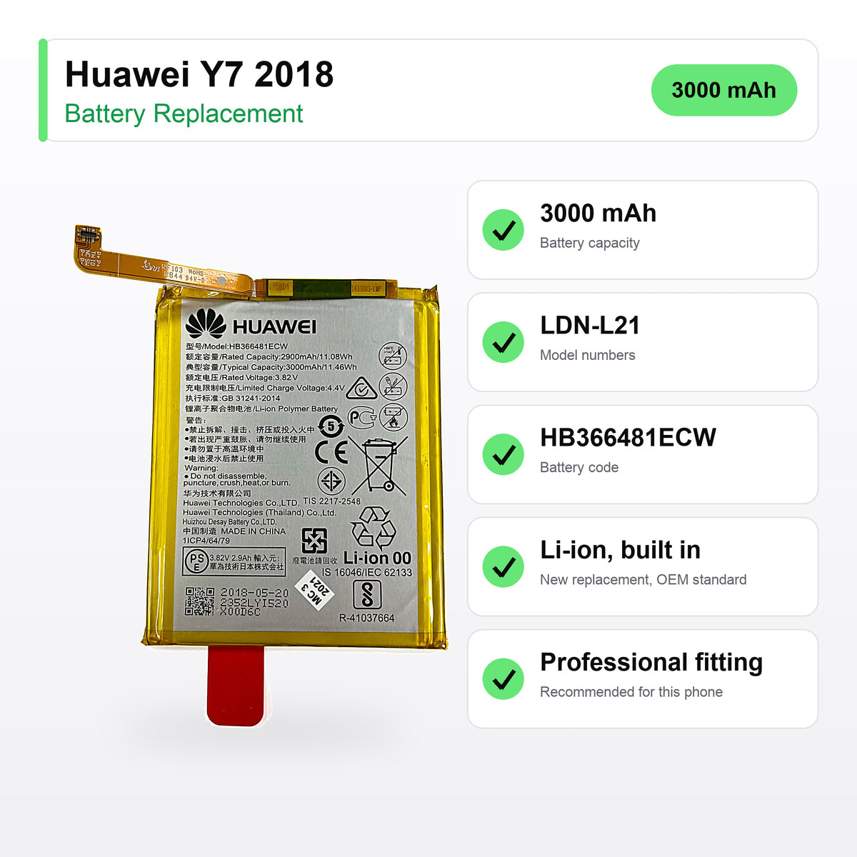 Huawei Y7 2018 battery replacement specs: 3000 mAh, LDN-L21, HB366481ECW