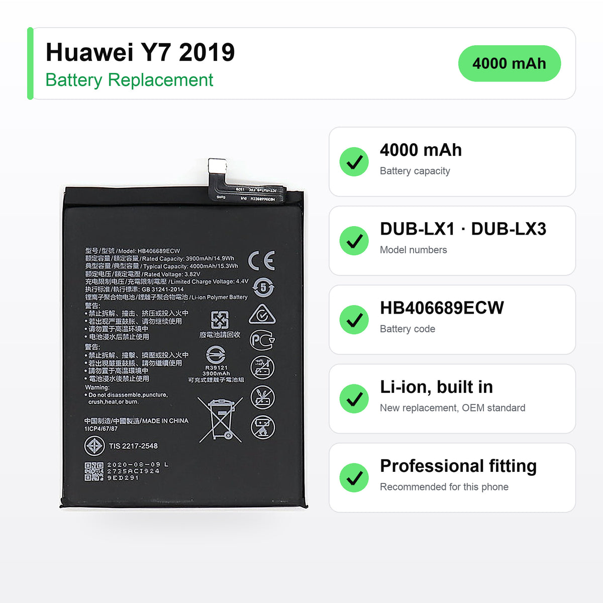 Huawei Y7 2019 battery replacement specs: 4000 mAh, DUB-LX1, DUB-LX3, HB406689ECW