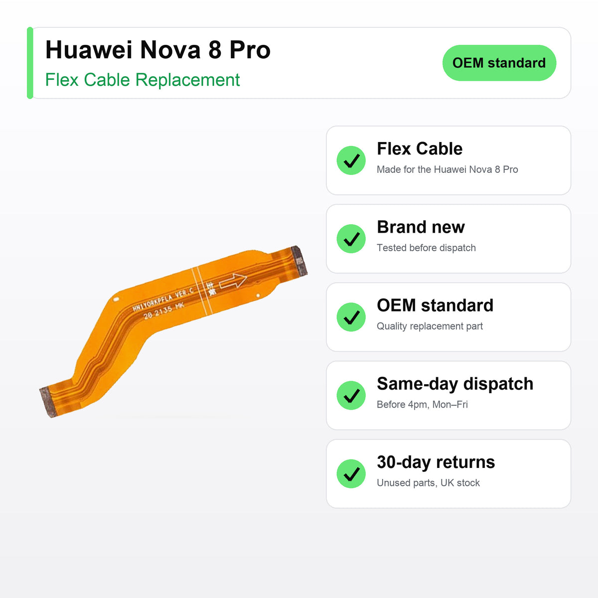 Huawei Nova 8 Pro flex cable key facts: brand new, tested, same-day UK dispatch