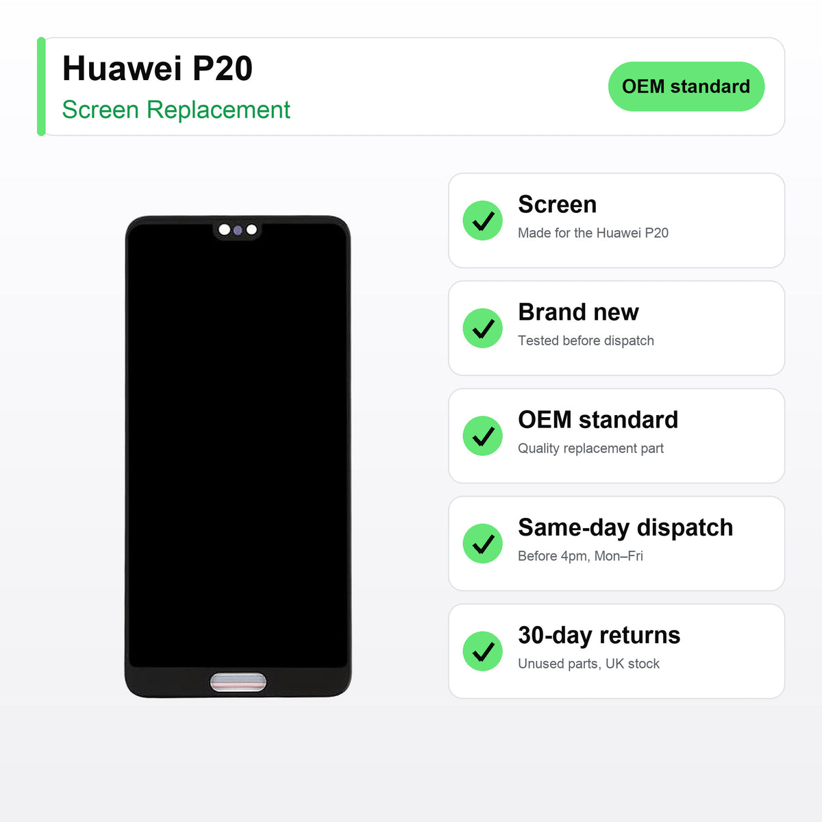 Huawei P20 screen key facts: brand new, tested, same-day UK dispatch