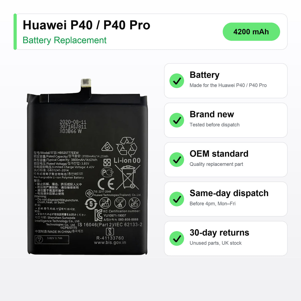 Huawei P40 / P40 Pro battery key facts: brand new, tested, same-day UK dispatch