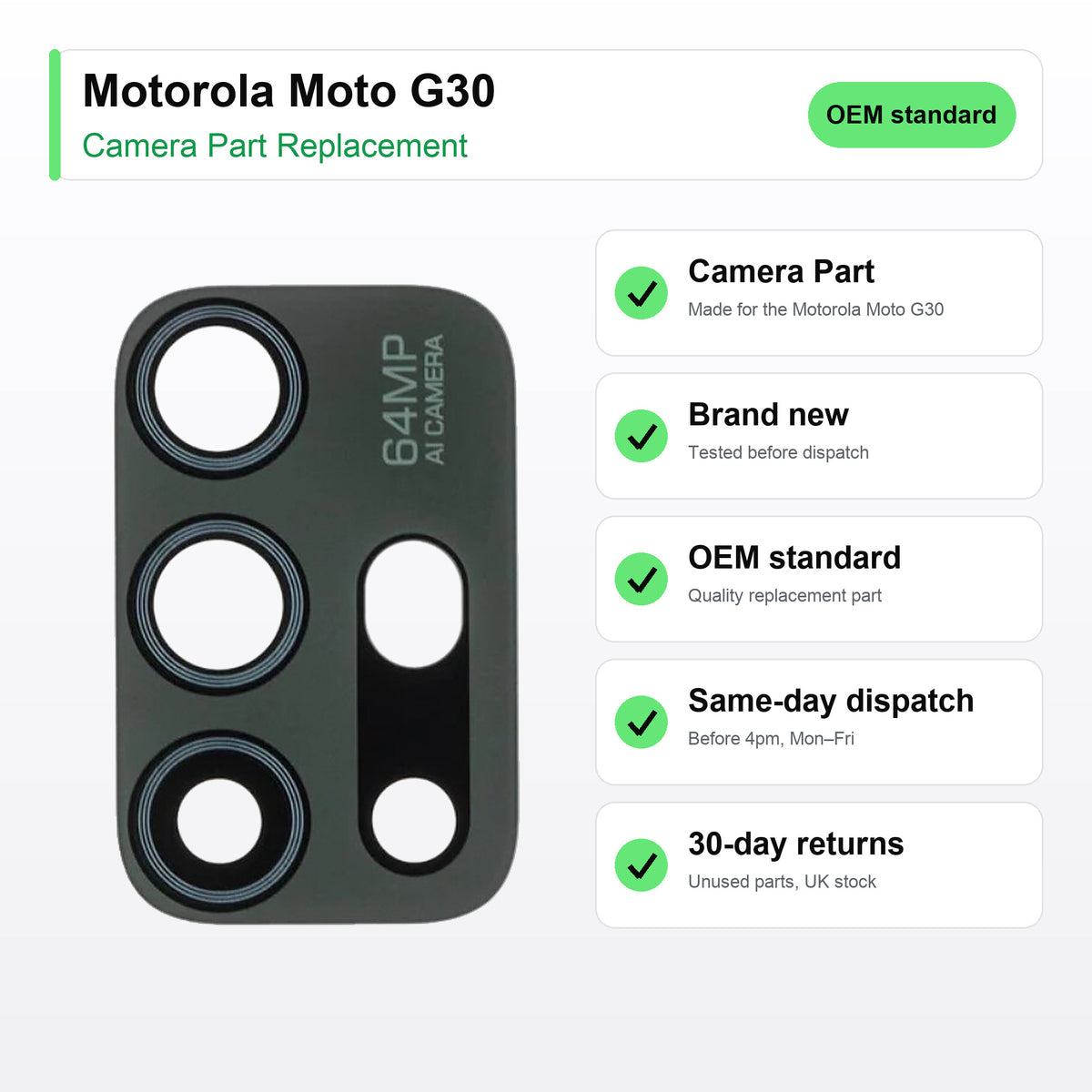 Motorola Moto G30 Rear Camera Lens Glass Replacement key facts