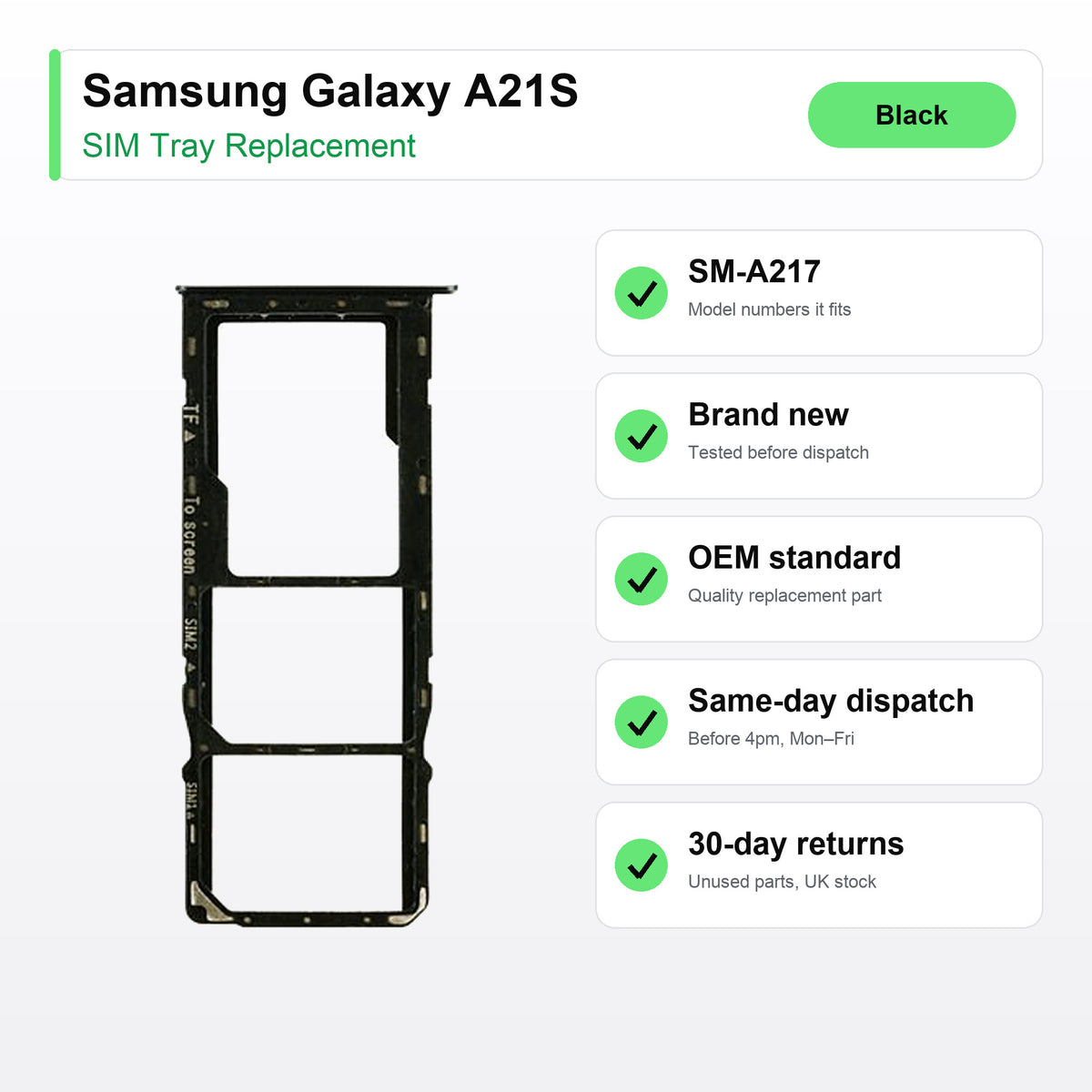 Samsung Galaxy A21S SIM Card Tray Holder Replacement (BLACK) | SM-A217 key facts