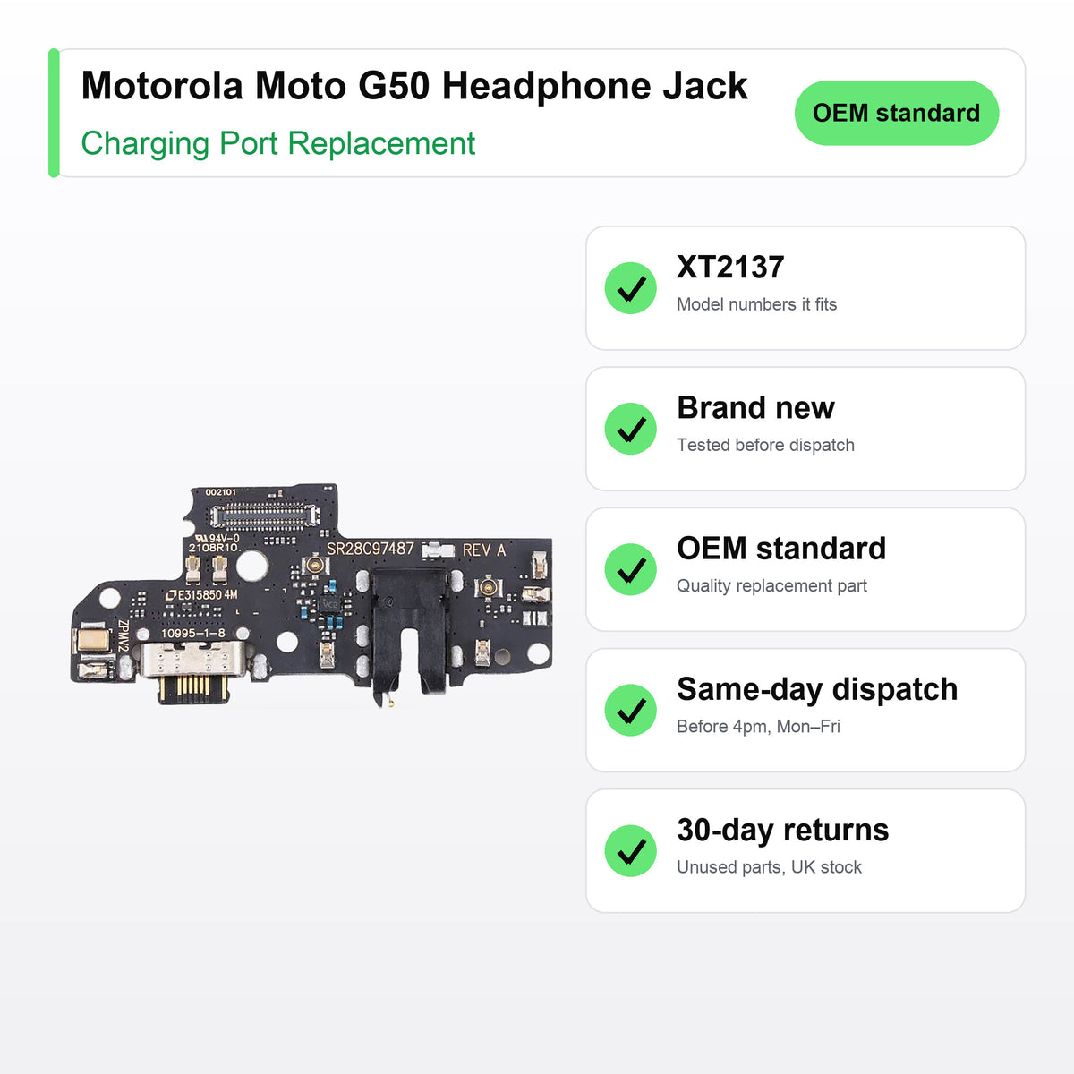 Motorola Moto G50 Headphone Jack Charging Port and Headphone Jack Flex Replacement | XT2137 key facts
