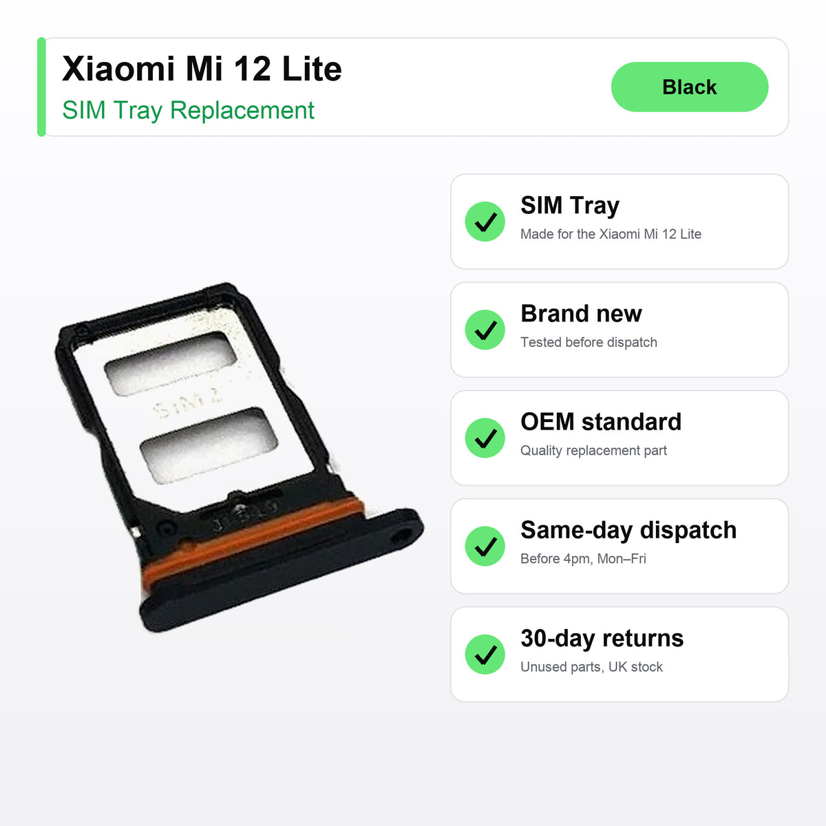 Xiaomi Mi 12 Lite SIM Card Tray Holder Replacement (Black) key facts