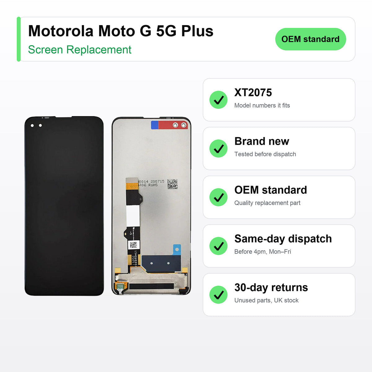 Motorola Moto G 5G Plus LCD Screen and Touch Digitiser Assembly Replacement | XT2075 key facts