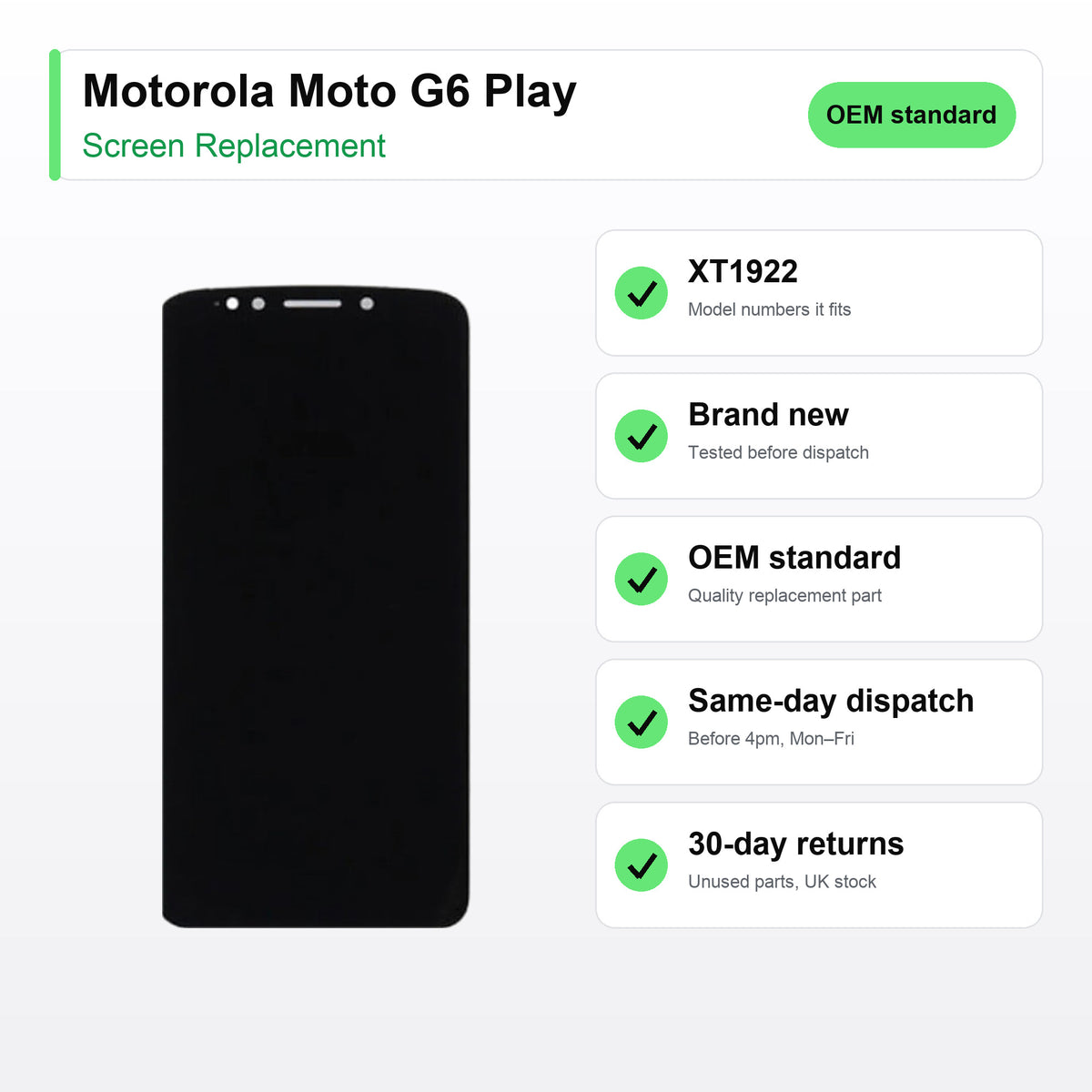 Motorola Moto G6 Play LCD Screen and Touch Digitiser Assembly Replacement | XT1922 key facts