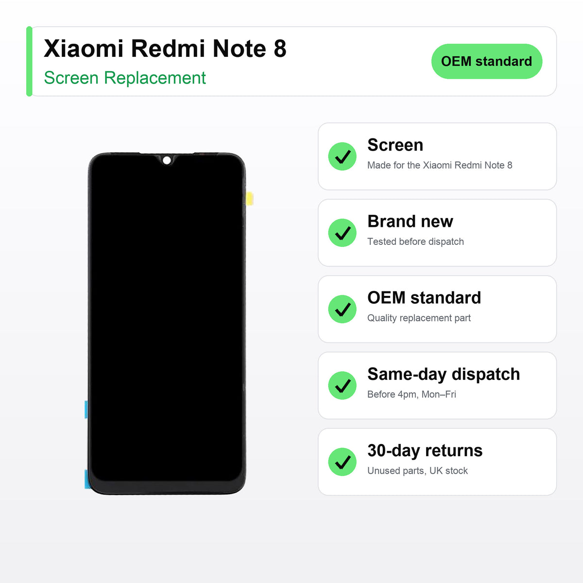 Xiaomi Redmi Note 8 LCD Screen and Touch Digitiser Assembly Replacement key facts