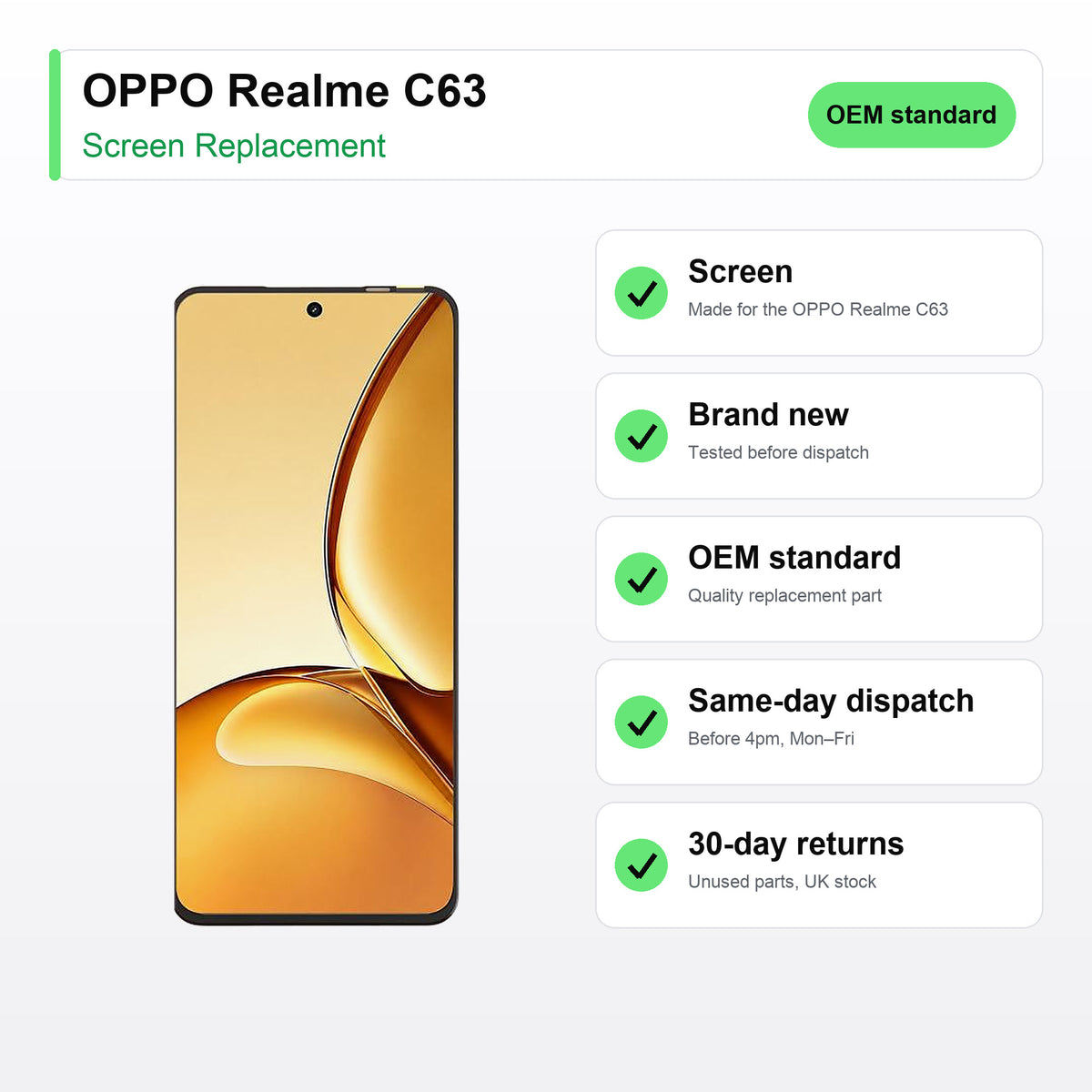 OPPO Realme C63 LCD Screen and Touch Digitiser Assembly Replacement key facts