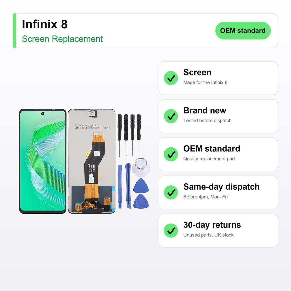 Infinix 8 LCD Screen and Touch Digitiser Assembly Replacement key facts