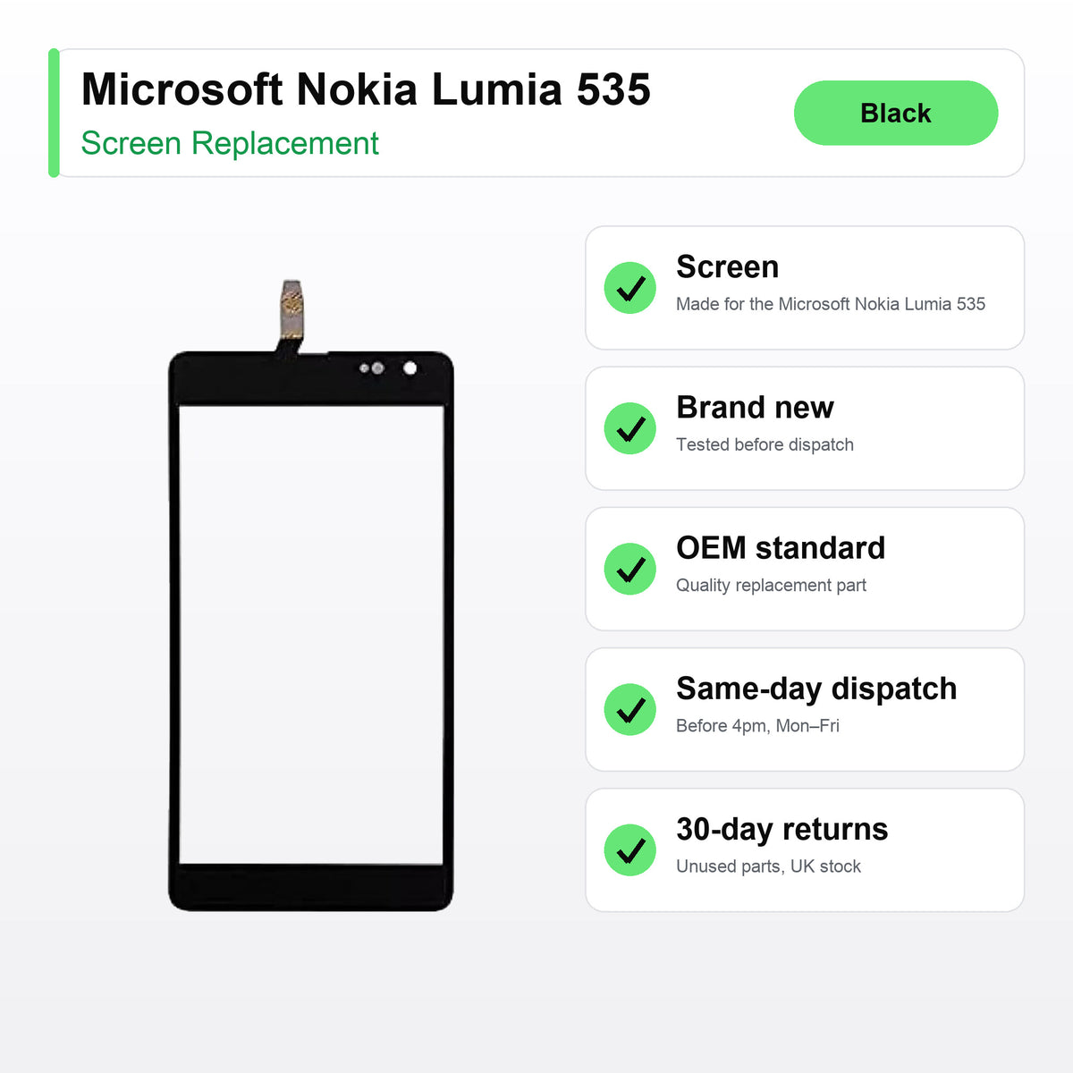Microsoft Nokia Lumia 535 LCD Screen and Touch Digitiser Assembly Replacement (Black) key facts