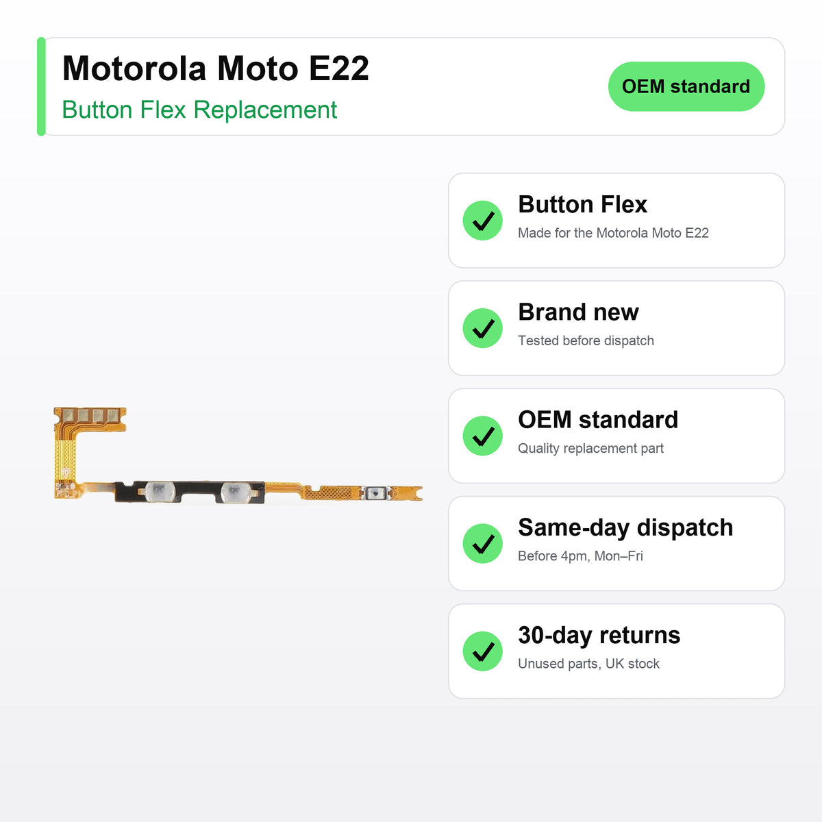 Motorola Moto E22 Power and Volume Button Flex Cable Replacement key facts