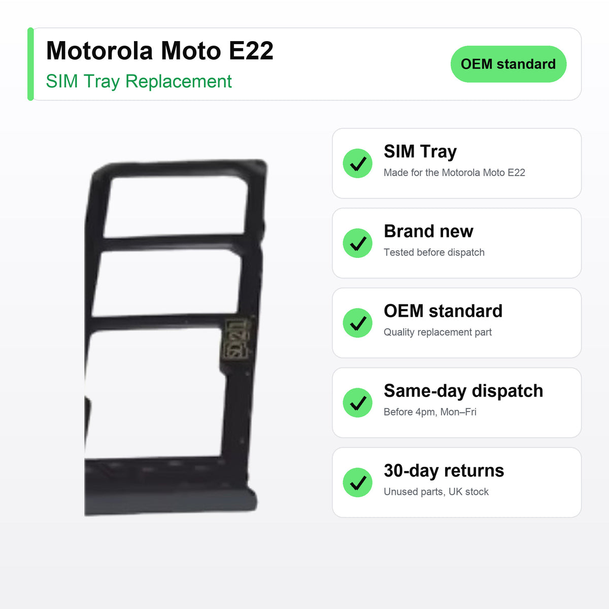 Motorola Moto E22 SIM Card Tray Holder Replacement key facts