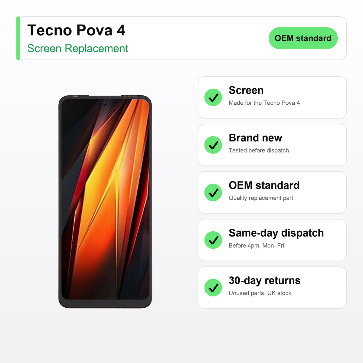 Tecno Pova 4 LCD Screen and Touch Digitiser Assembly Replacement key facts