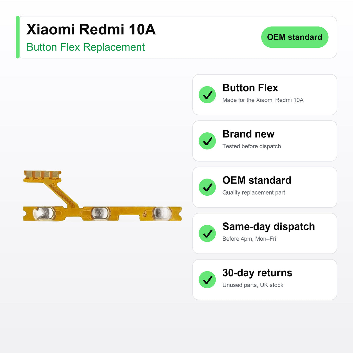 Xiaomi Redmi 10A Power and Volume Button Flex Cable Replacement key facts