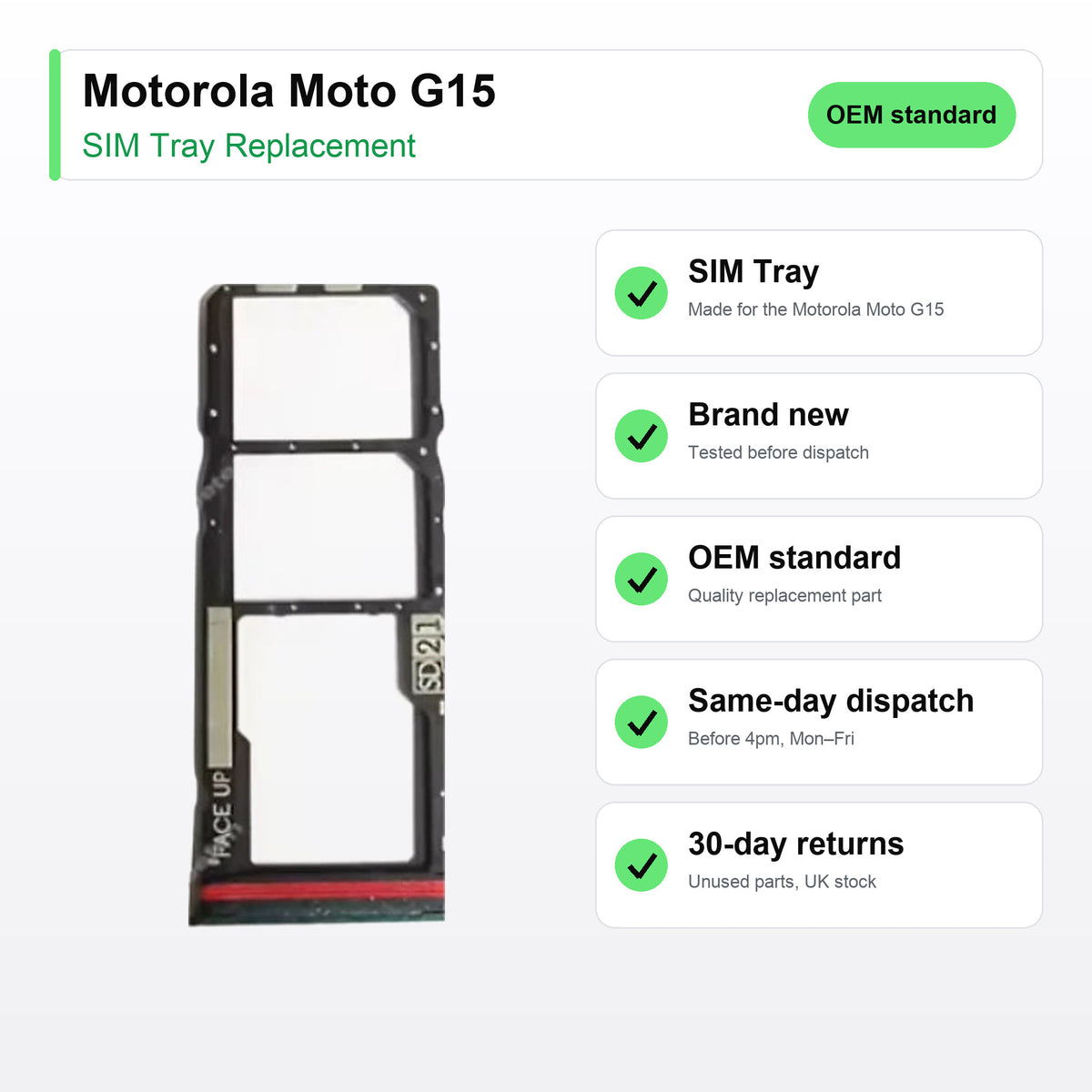 Motorola Moto G15 SIM Card Tray Holder Replacement key facts