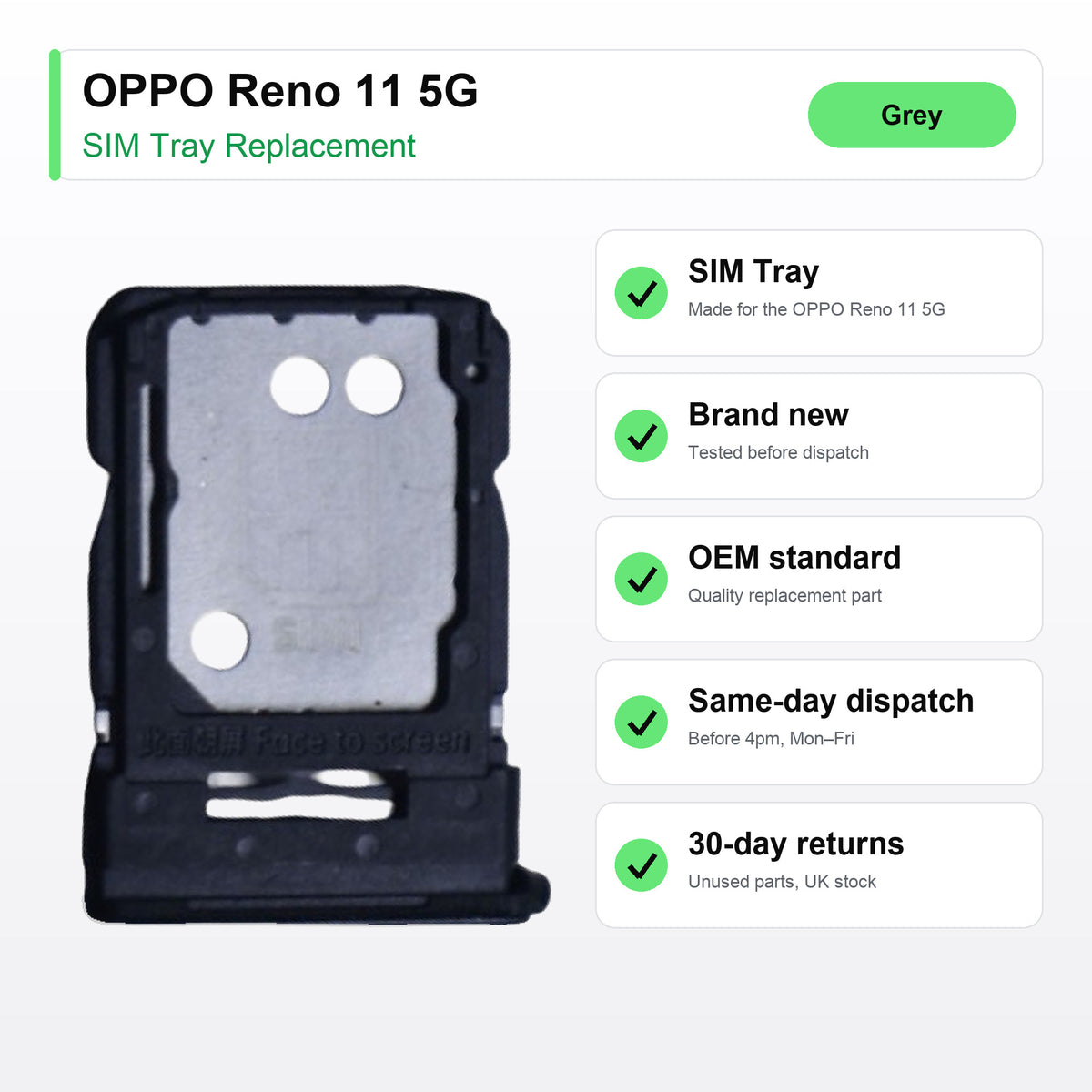 OPPO Reno 11 5G SIM Card Tray Holder Replacement (Grey) key facts