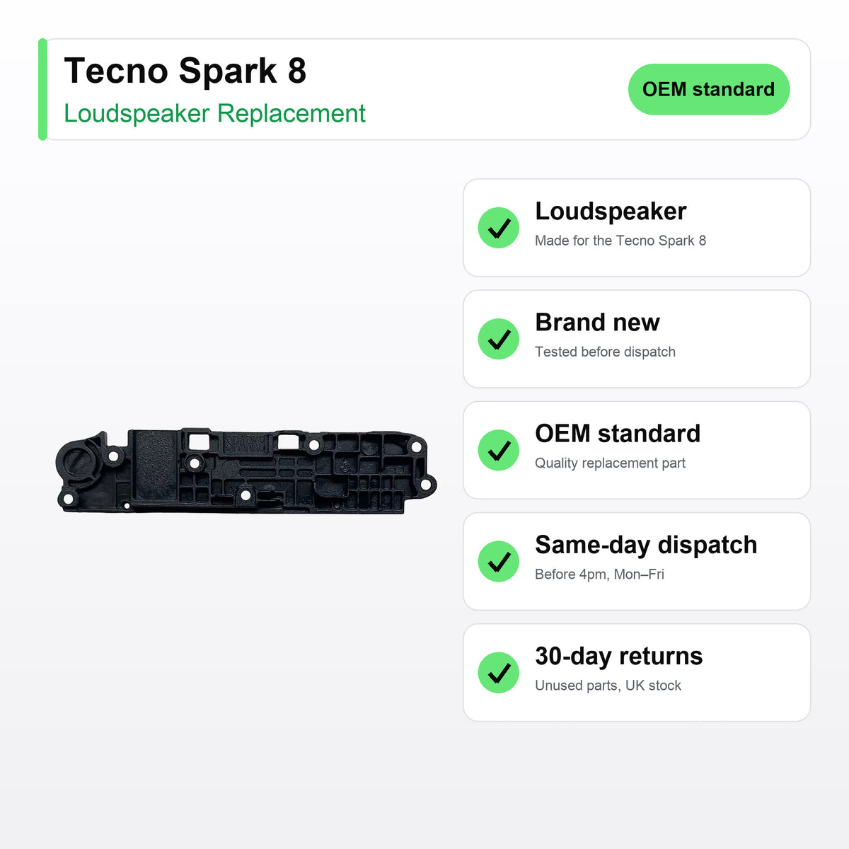 Tecno Spark 8 Loudspeaker Ringer Buzzer Replacement key facts