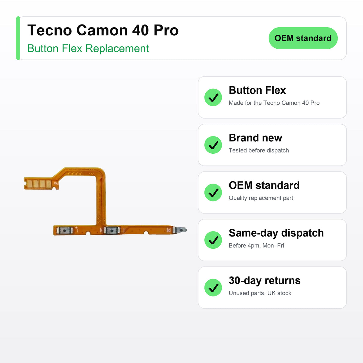 Tecno Camon 40 Pro Power and Volume Button Flex Cable Replacement key facts