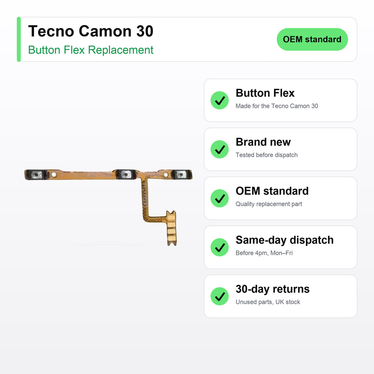 Tecno Camon 30 Power and Volume Button Flex Cable Replacement key facts
