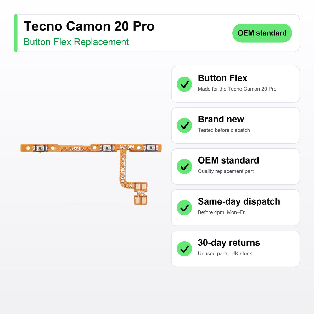 Tecno Camon 20 Pro Power and Volume Button Flex Cable Replacement key facts