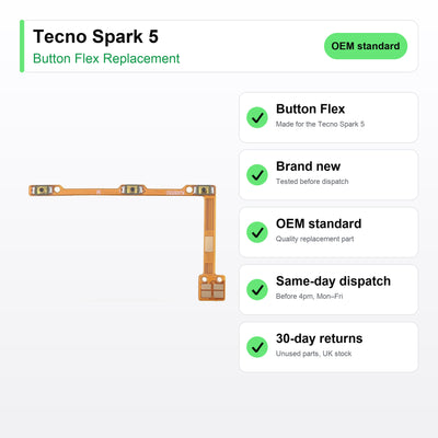 Tecno Spark 5 Power and Volume Button Flex Cable Replacement key facts