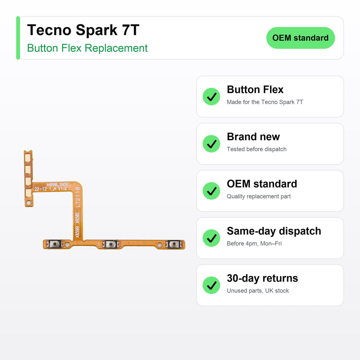 Tecno Spark 7T Power and Volume Button Flex Cable Replacement key facts