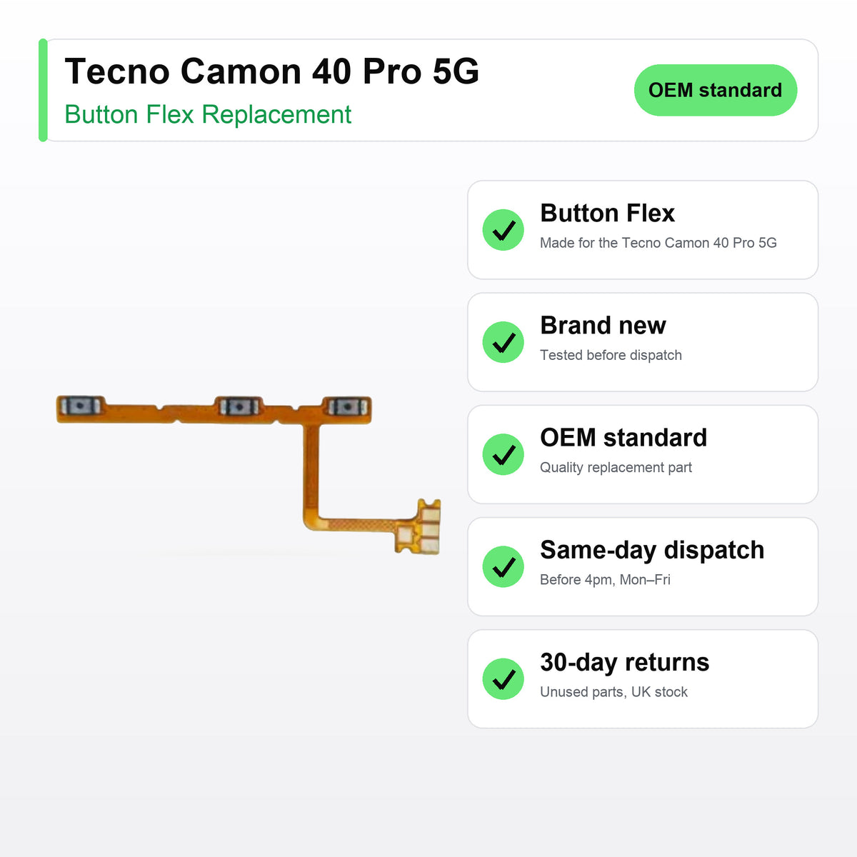 Tecno Camon 40 Pro 5G Power and Volume Button Flex Cable Replacement key facts