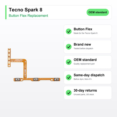 Tecno Spark 8 Power and Volume Button Flex Cable Replacement key facts
