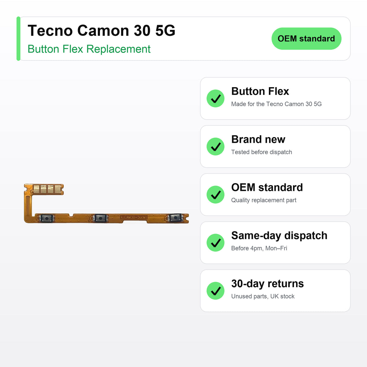 Tecno Camon 30 5G Power and Volume Button Flex Cable Replacement key facts