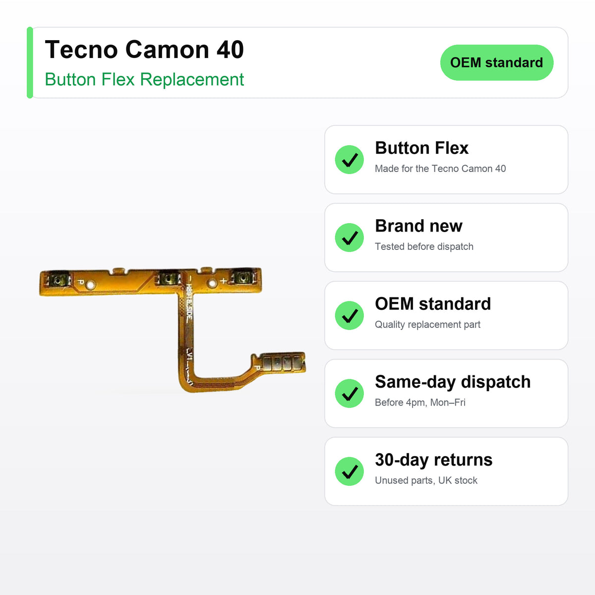 Tecno Camon 40 Power Button Flex Cable Replacement key facts