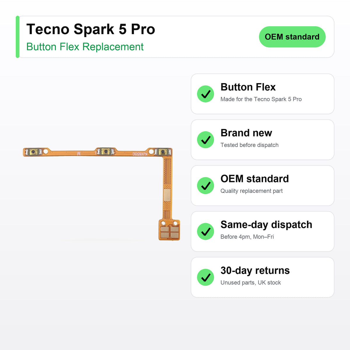 Tecno Spark 5 Pro Power and Volume Button Flex Cable Replacement key facts