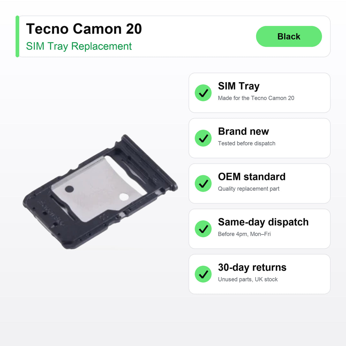 Tecno Camon 20 SIM Card Tray Holder Replacement (Black) key facts