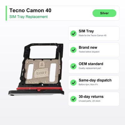 Tecno Camon 40 SIM Card Tray Holder Replacement (Silver) key facts