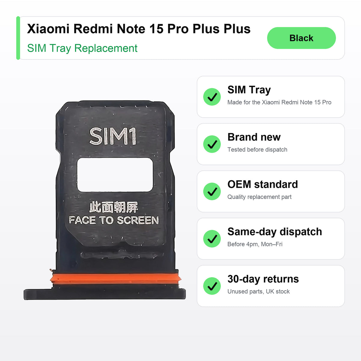 Xiaomi Redmi Note 15 Pro Plus Plus SIM Card Tray Holder Replacement (Black) key facts