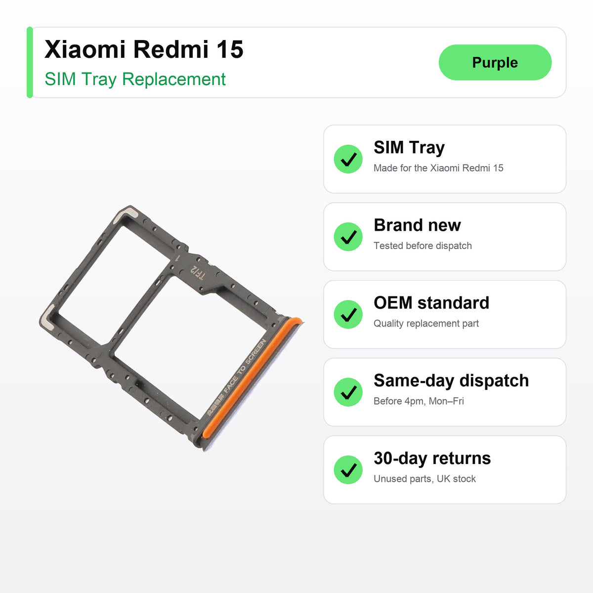 Xiaomi Redmi 15 SIM Card Tray Holder Replacement (Purple) key facts