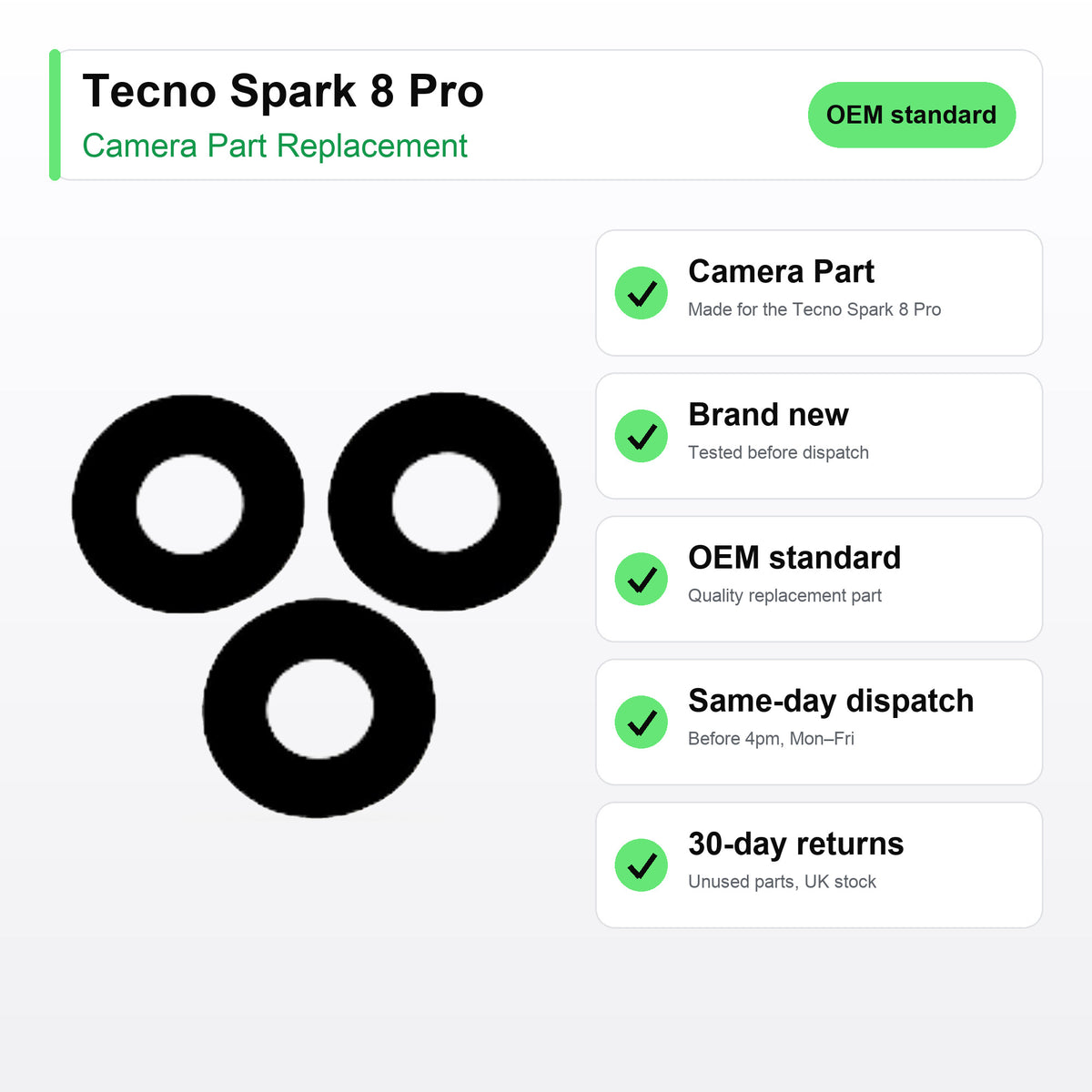Tecno Spark 8 Pro Rear Camera Lens Glass Replacement key facts