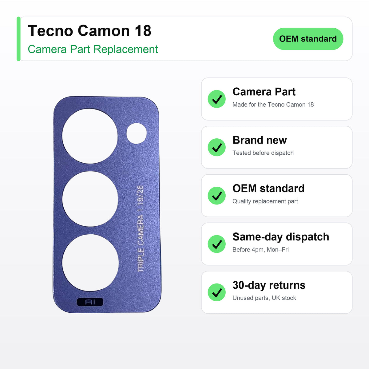 Tecno Camon 18 Rear Camera Lens Glass Replacement key facts