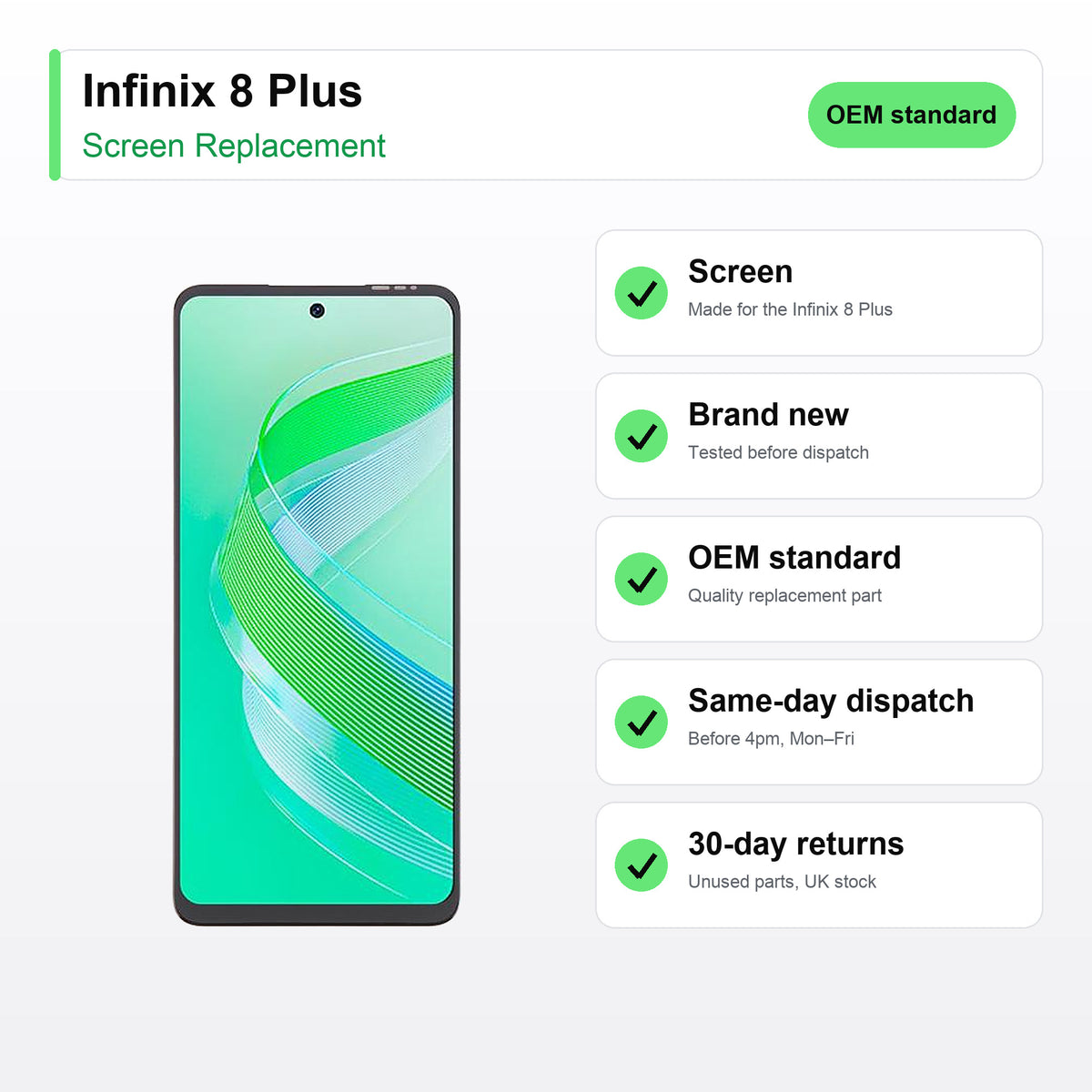 Infinix 8 Plus screen key facts: brand new, tested, same-day UK dispatch