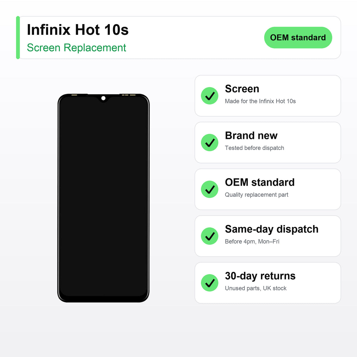 Infinix Hot 10s screen key facts: brand new, tested, same-day UK dispatch