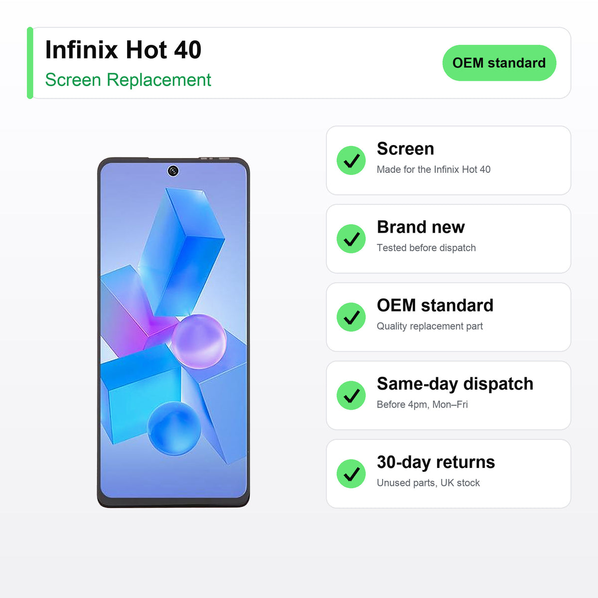 Infinix Hot 40 screen key facts: brand new, tested, same-day UK dispatch