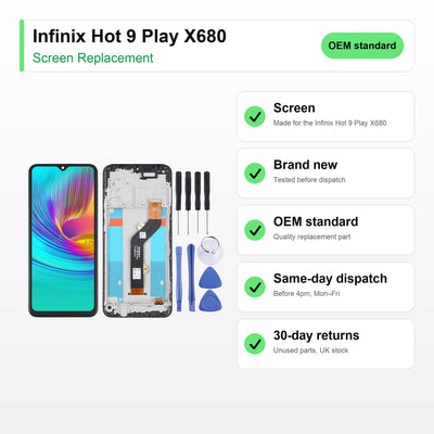 Infinix Hot 9 Play X680 screen key facts: brand new, tested, same-day UK dispatch