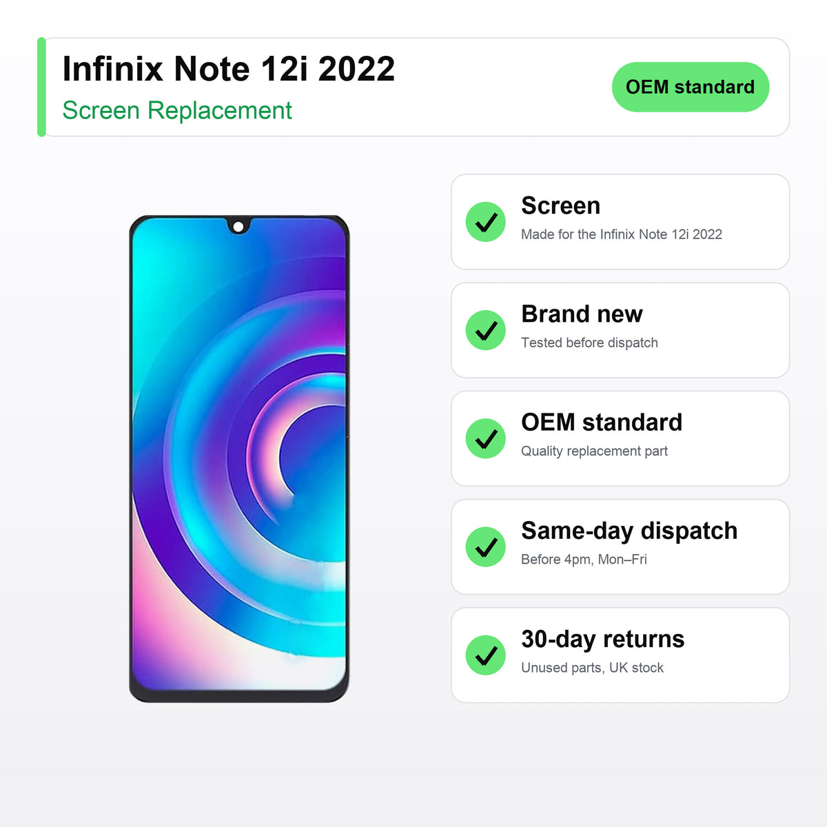 Infinix Note 12i 2022 screen key facts: brand new, tested, same-day UK dispatch