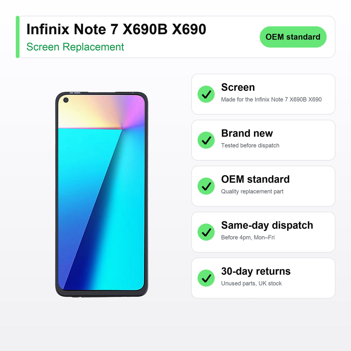 Infinix Note 7 X690B X690 screen key facts: brand new, tested, same-day UK dispatch