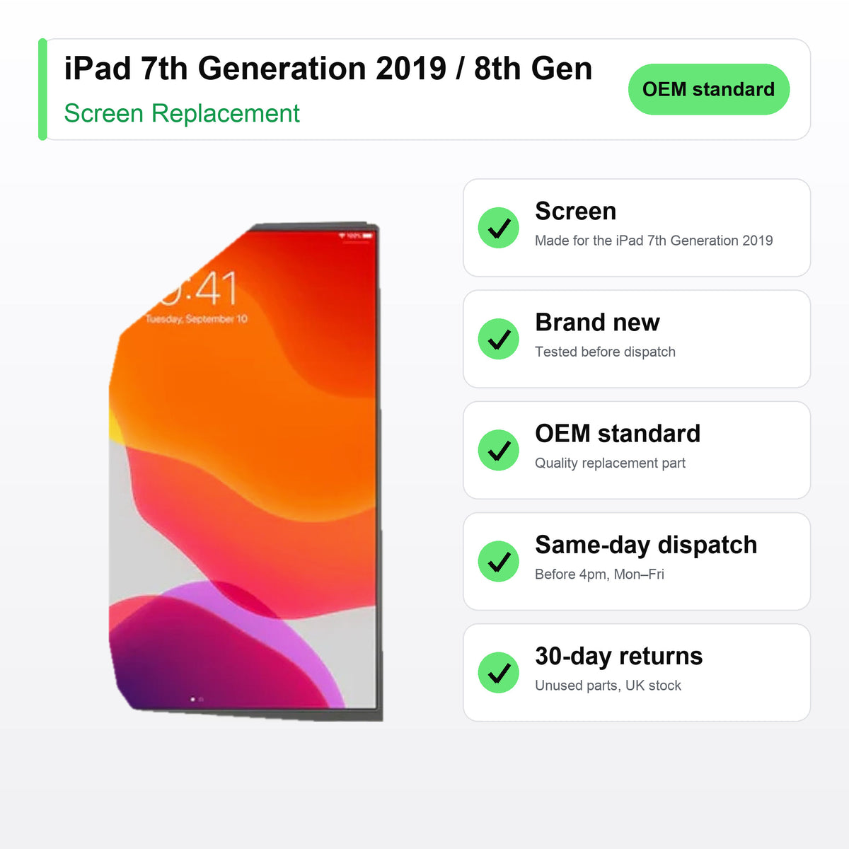 iPad 7th Generation 2019 / 8th Gen 2020 / 9th 2021 10.2 screen key facts: brand new, tested, same-day UK dispatch