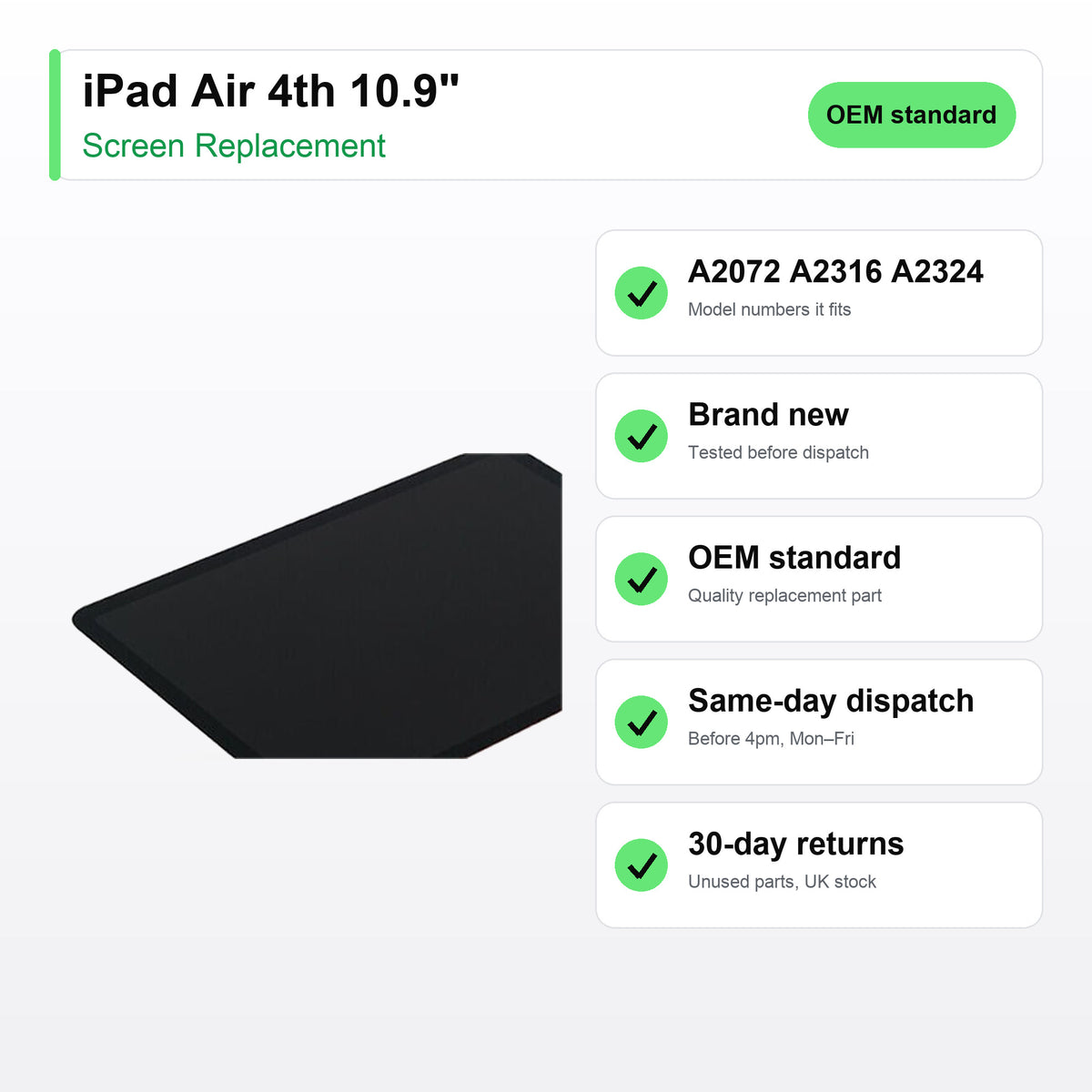 iPad Air 4th 10.9" screen key facts: brand new, tested, same-day UK dispatch