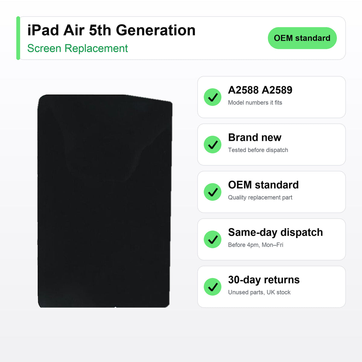 iPad Air 5th Generation screen key facts: brand new, tested, same-day UK dispatch