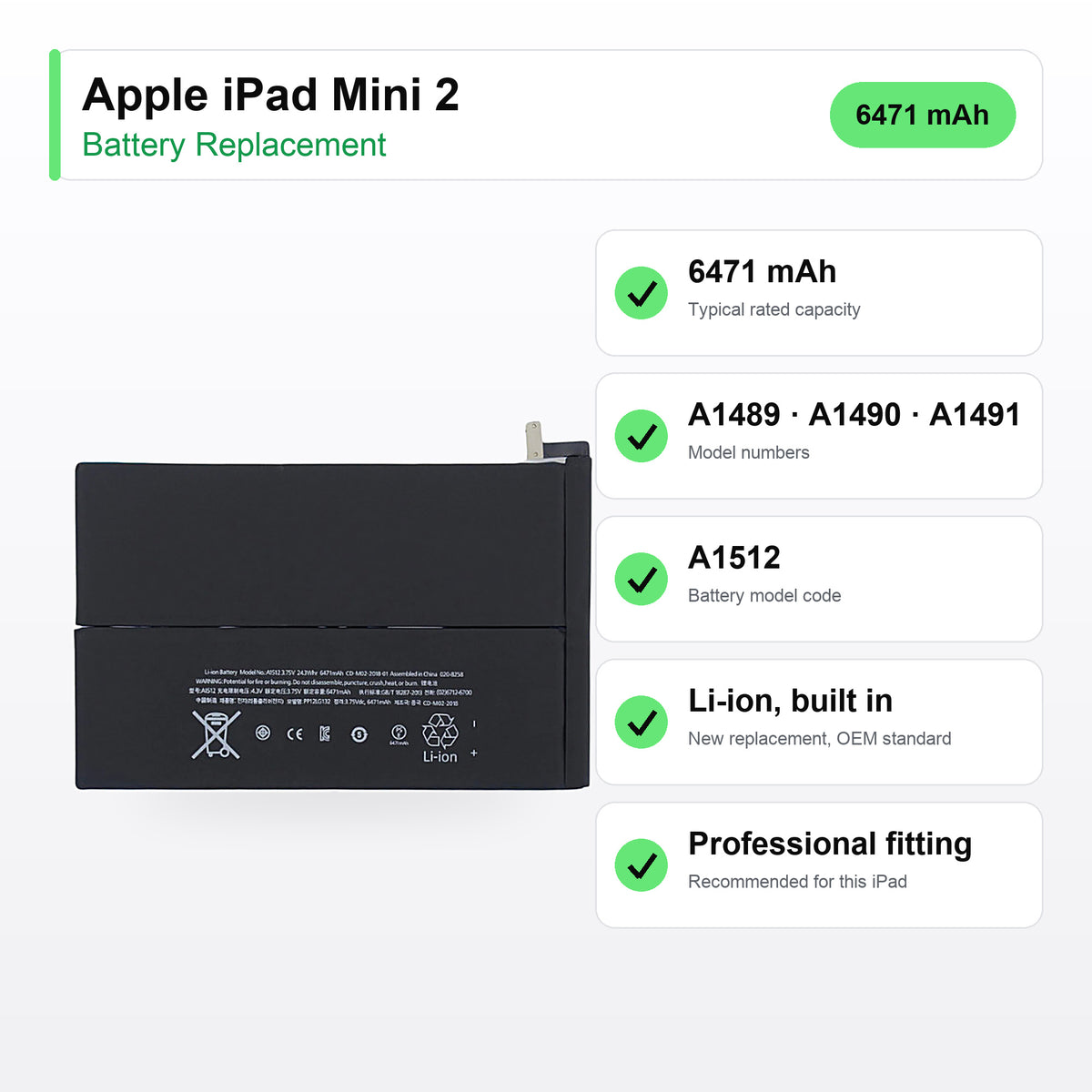 Apple iPad Mini 2 battery replacement specs: 6471 mAh, A1489, A1490, A1512