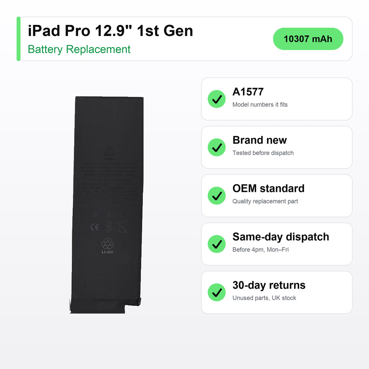 iPad Pro 12.9" 1st Gen battery key facts: brand new, tested, same-day UK dispatch