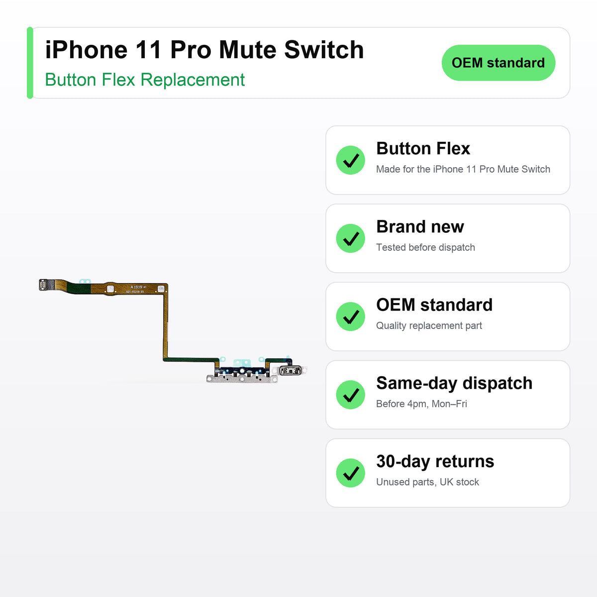 iPhone 11 Pro Mute Switch button flex key facts: brand new, tested, same-day UK dispatch
